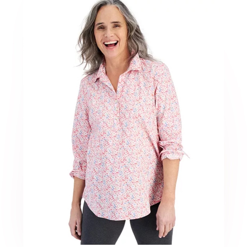 222M NWT Style & Co Floral Print Cotton Split-Neck Popover Shirt - Size: PXL